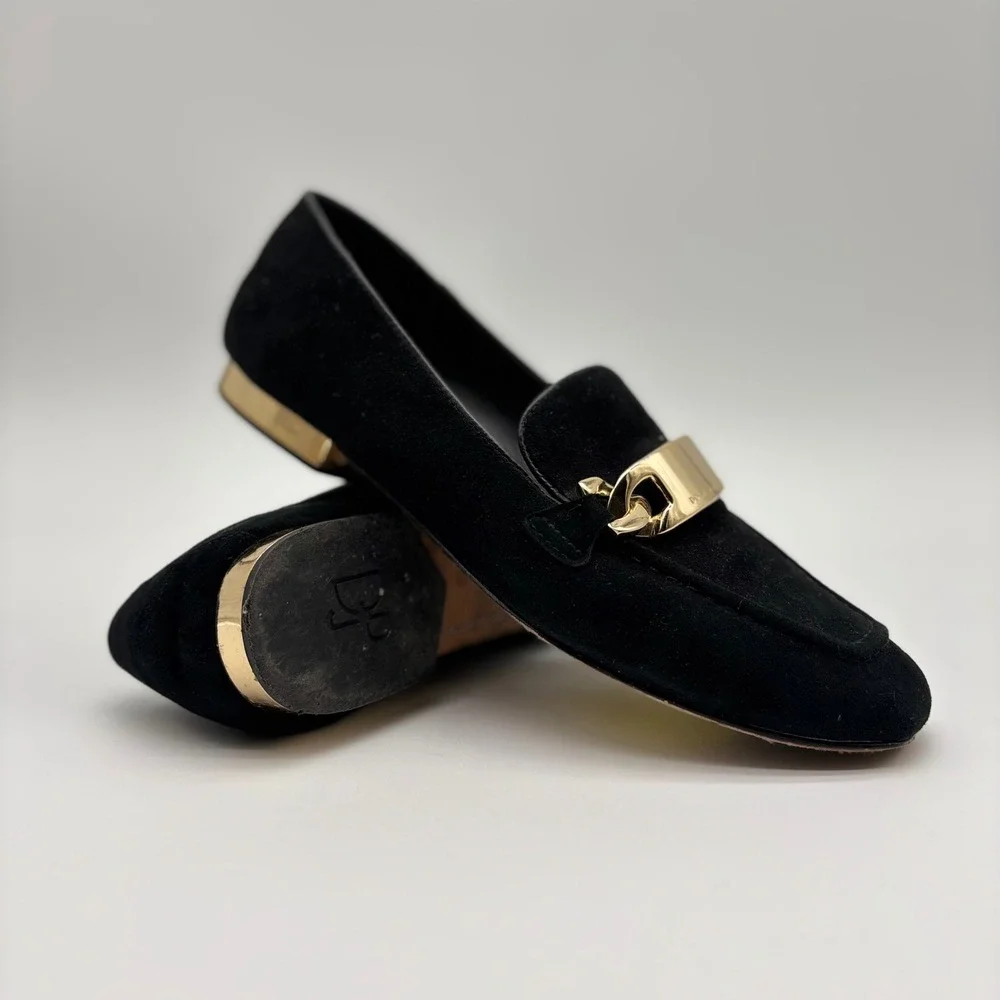 Donald J Pliner Hola Black Suede Gold Chain Link Loafers Womens7.5‎ M Flat Shoes